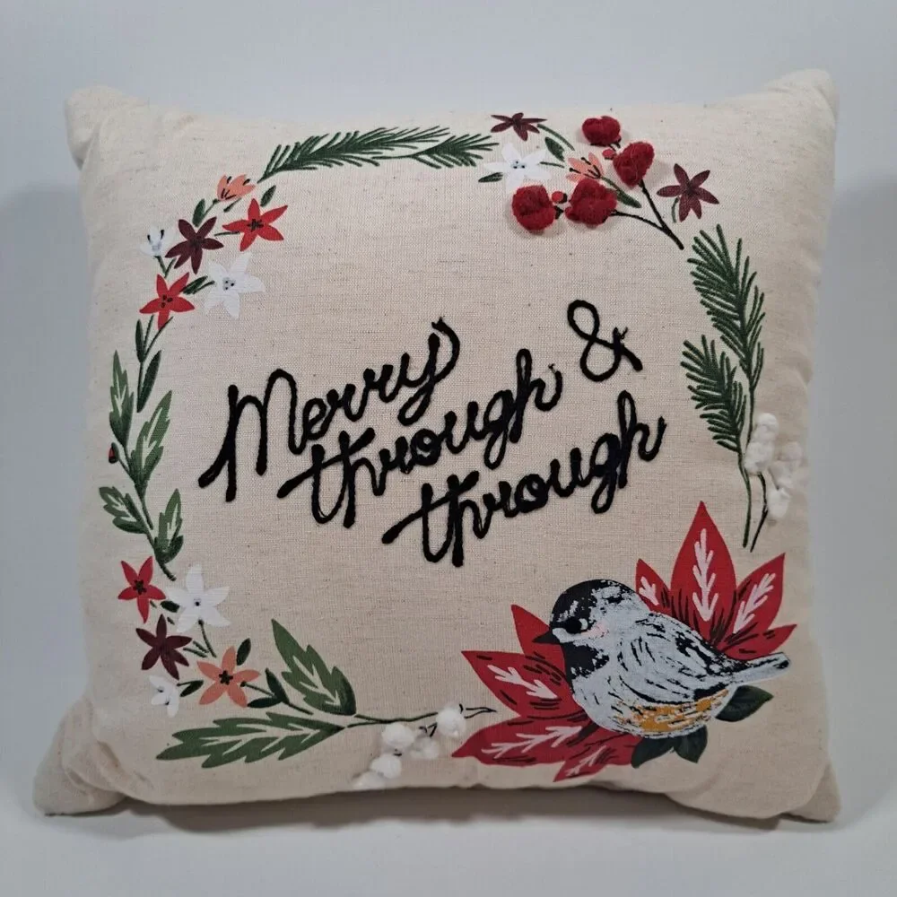 St Nicholas Holiday Christmas Merry Through Floral Bird Theme Throw Pillow